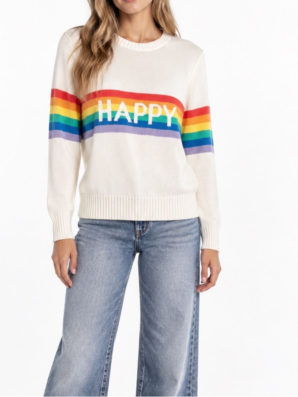 Ellsworth + Ivey Happy Rainbow Stripe Cream Knit Sweater Size Small 🌈